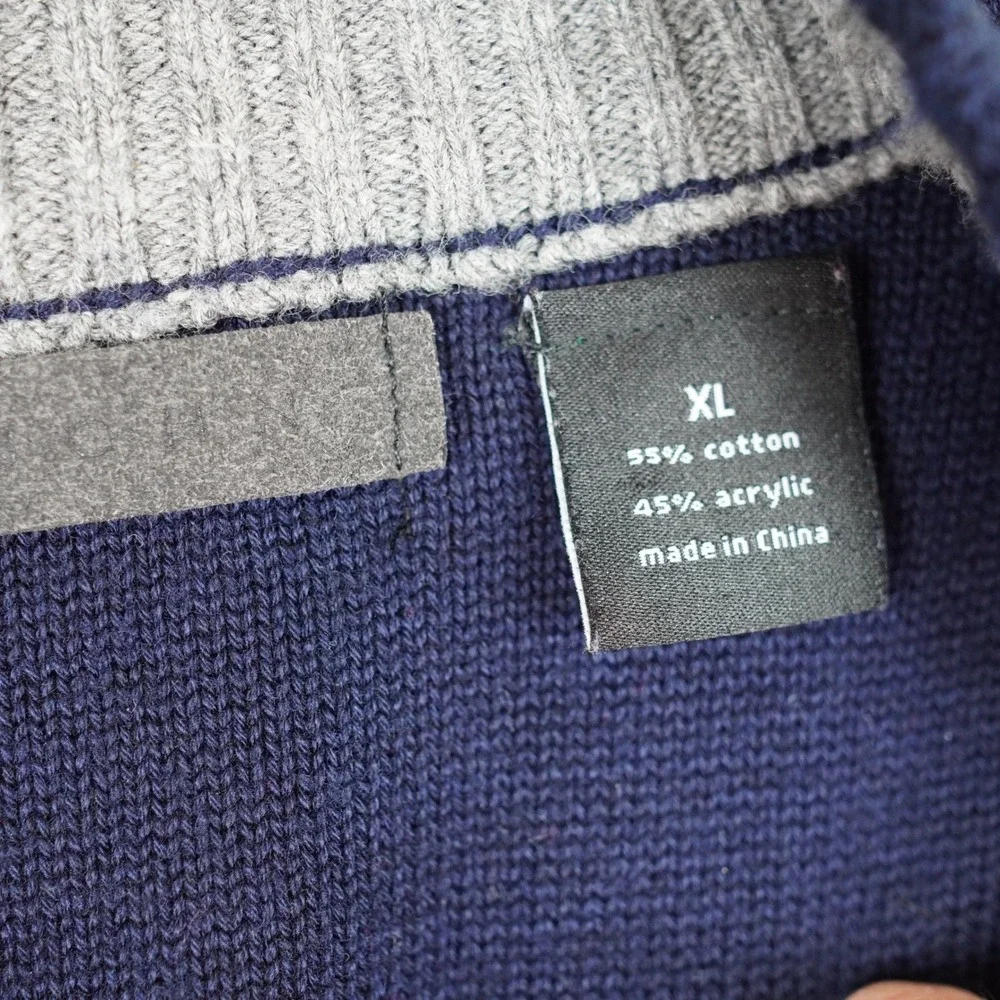 Sean John Mens Zip Up‎ Cardigan Sweater Navy Blue Gray Geometric Pattern XL
